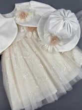 Load image into Gallery viewer, Dress 58 Girls Baptismal Christening Dress very light dusty rose with sequence, matching Bolero and Hat. Made in Greece exclusively for Rosies Collections.
