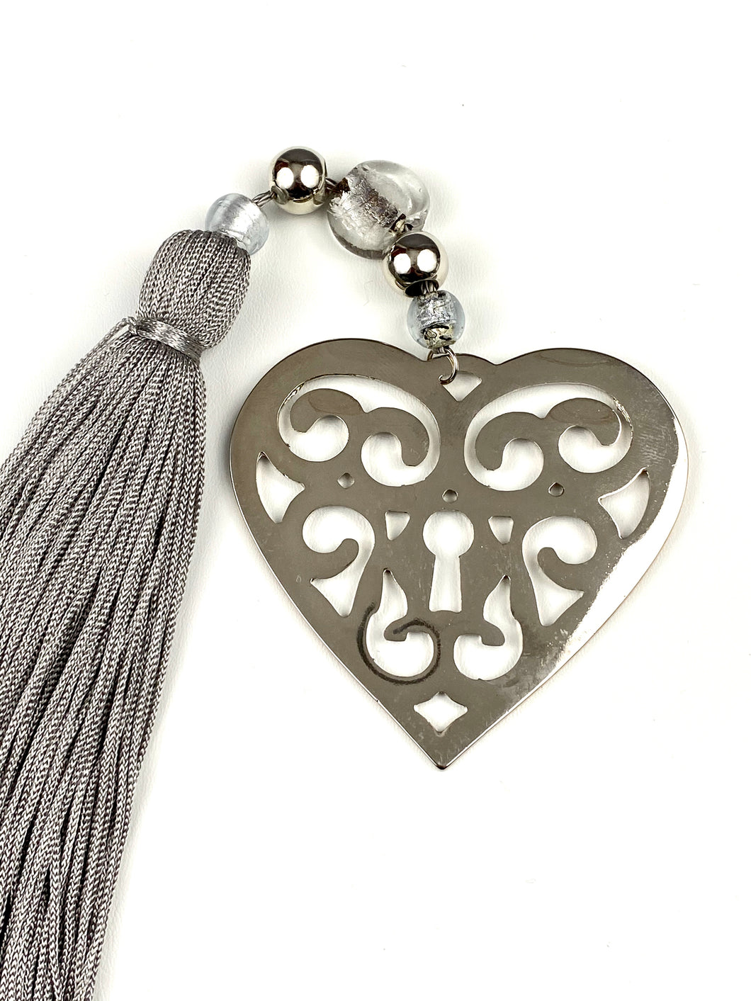 Large Polished Metal Heart Gouri with Grey Tassel