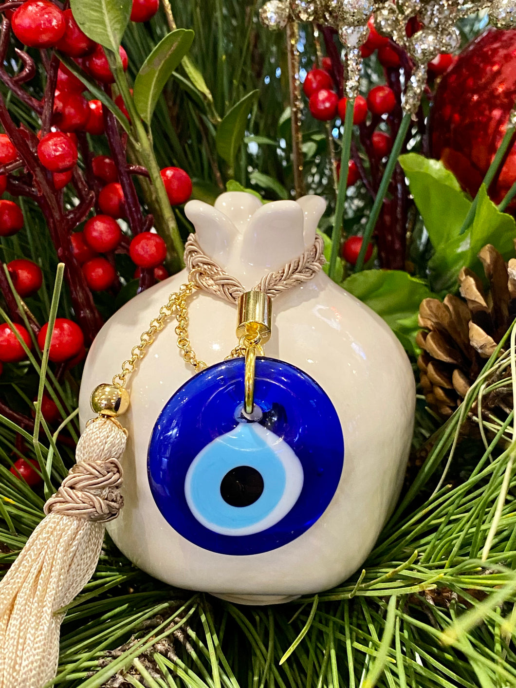 Ceramic Pomegranate with Glass Evil Eye, and large tassel