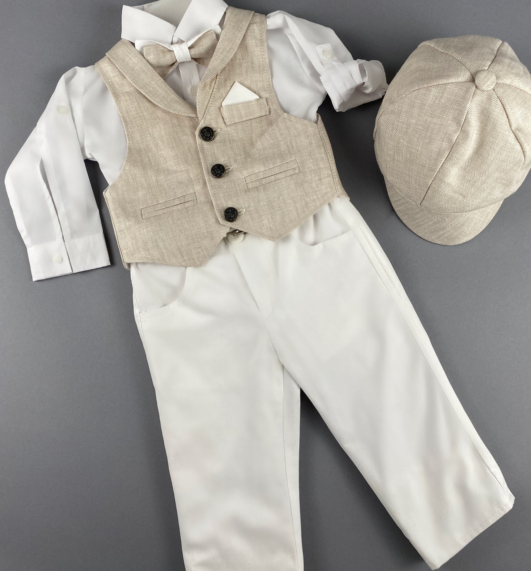 Rosies Collections 7pc full suit, Dress shirt with cuff sleeves, Bow Tie, Pants, Blazer, Vest,  Belt or Suspenders & Hat. Made in Greece exclusively for Rosies Collections S202337