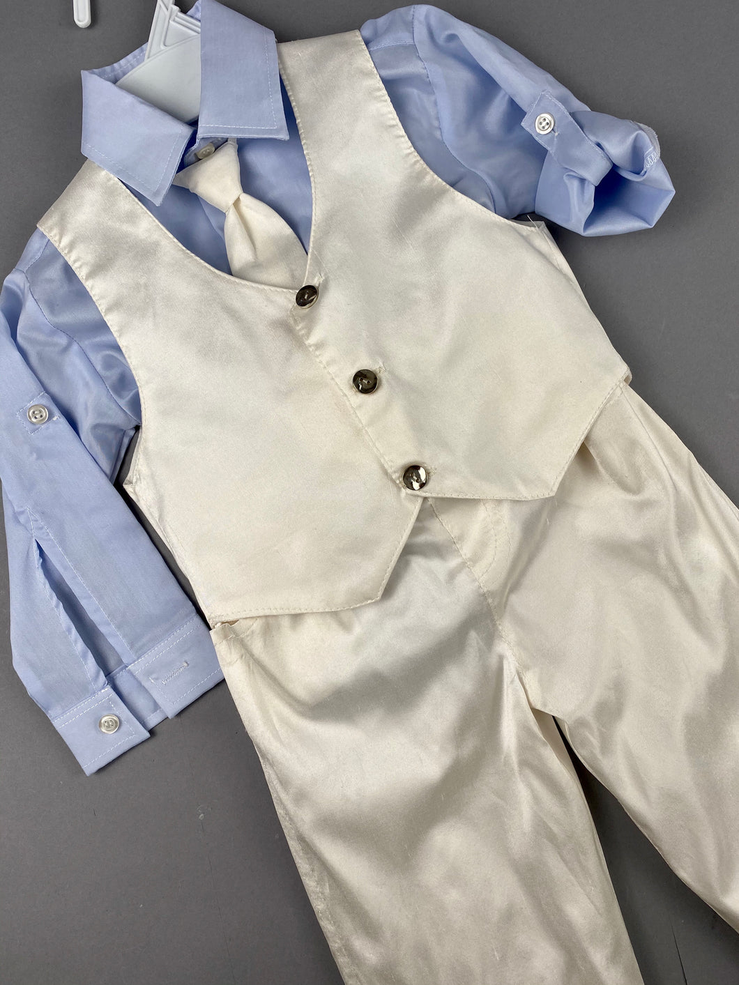 Rosies Collections 7pc full silk suit, Light Blue Dress shirt, Cuff sleeves, Pants, Jacket, Vest, Belt or Suspenders, Cap. Made in Greece exclusively for Rosies Collections S201921