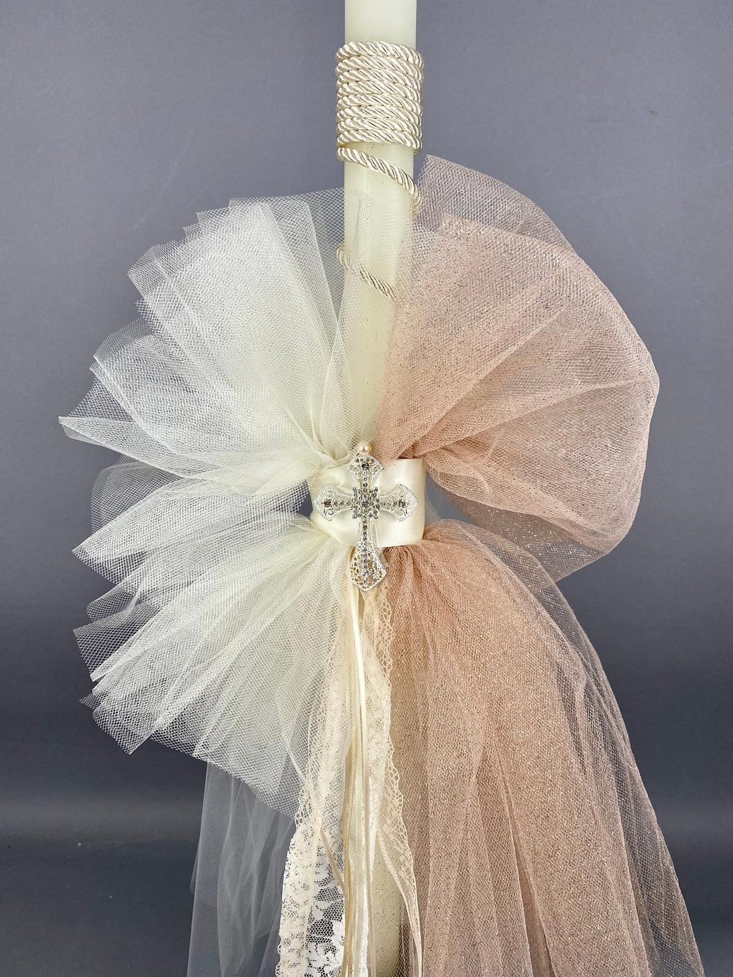 Shiny Glitter Rose Gold with Lace and Rhinestone Cross Baptismal Candle GC 202210