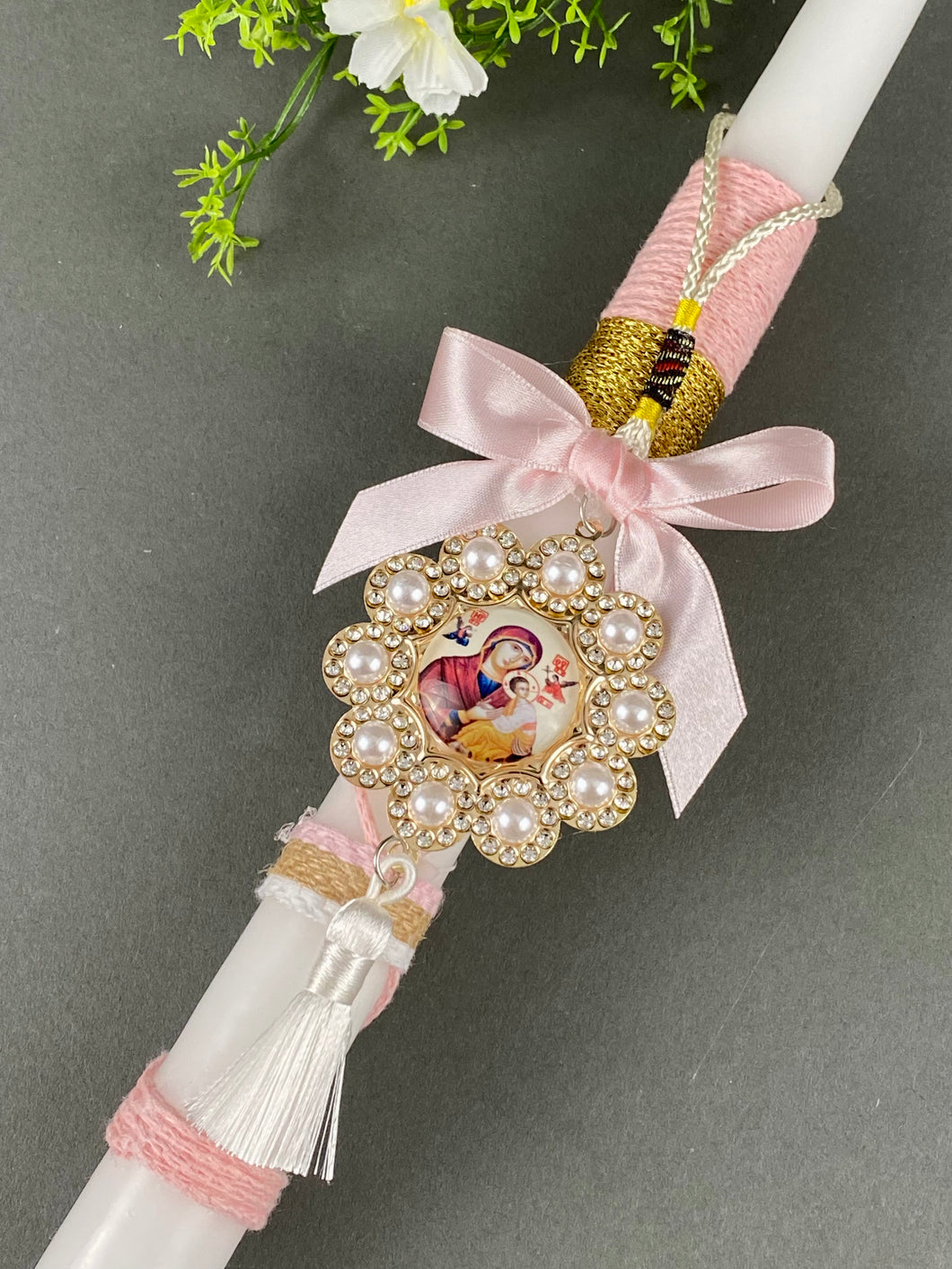 Corded Easter Candle with Pearl  Panagia Icon  and Tassel EC2023133