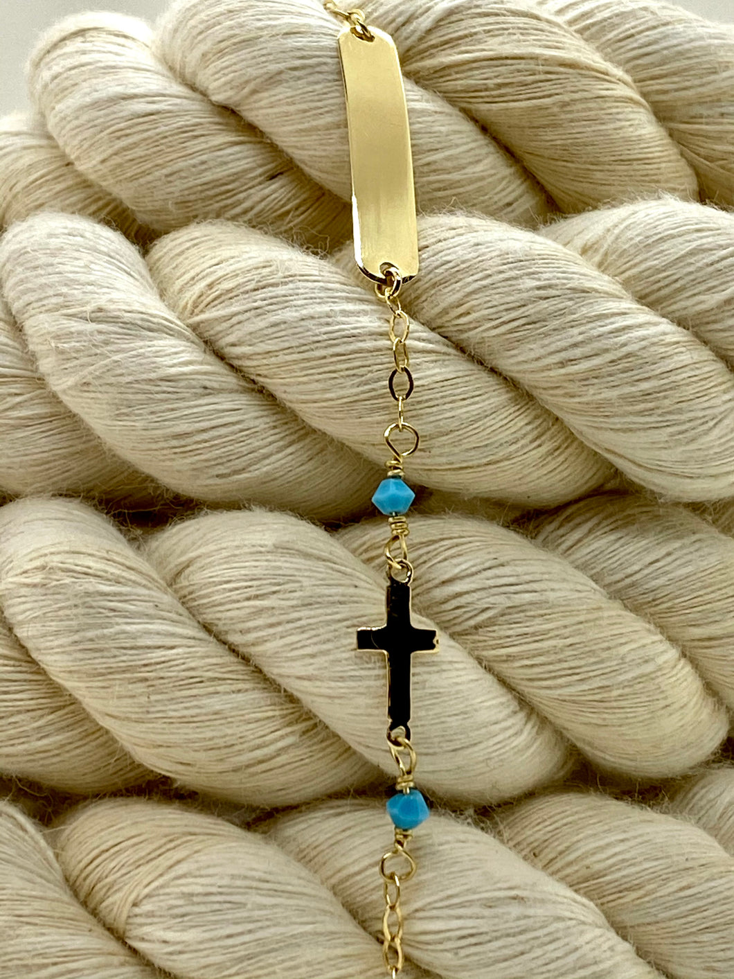14k Gold I.D Bracelet with Cross and Light Blue Beads