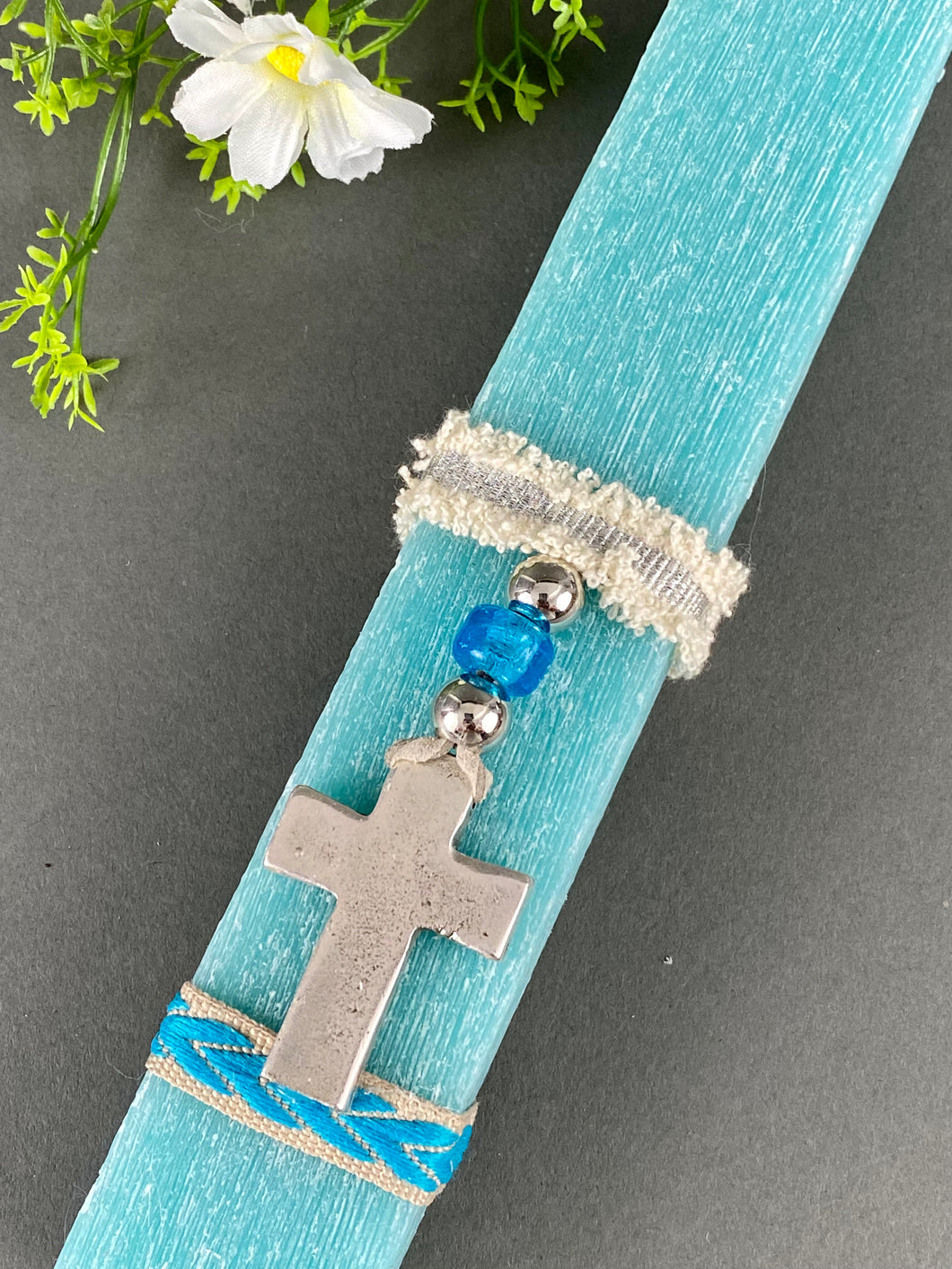 Rectangular Teal Easter Candle with Hanging Metal Cross EC2023408