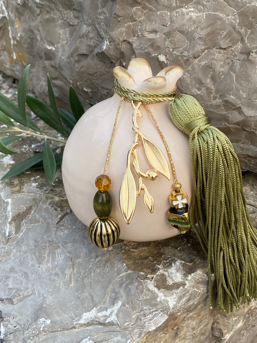 Ceramic Pomegranate with Metal Olive Leaf, Murano Glass Beads and large tassel
