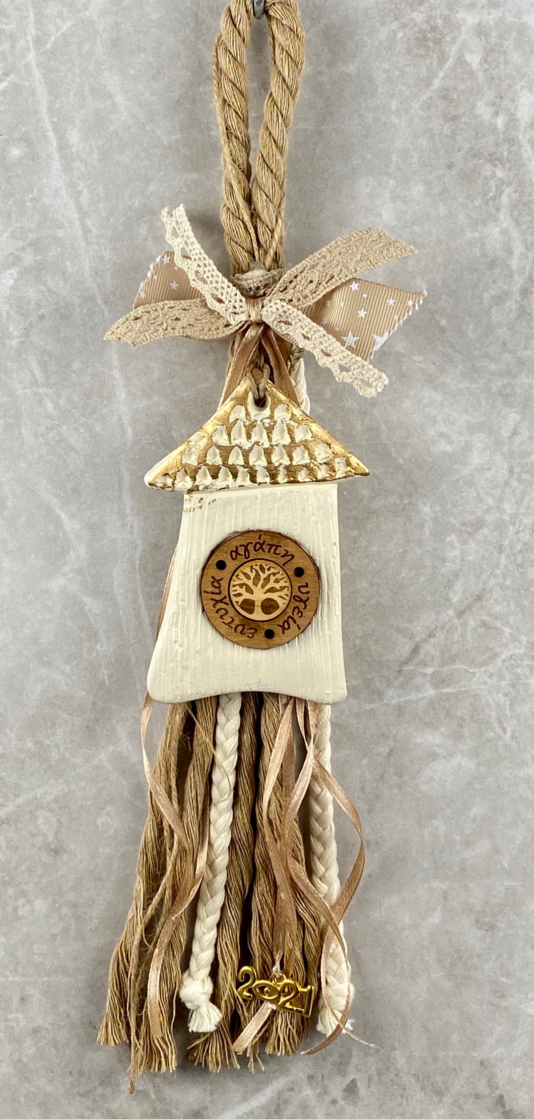 Large Ceramic House on Thick Cord Gouri with ribbons and 2021 Charm