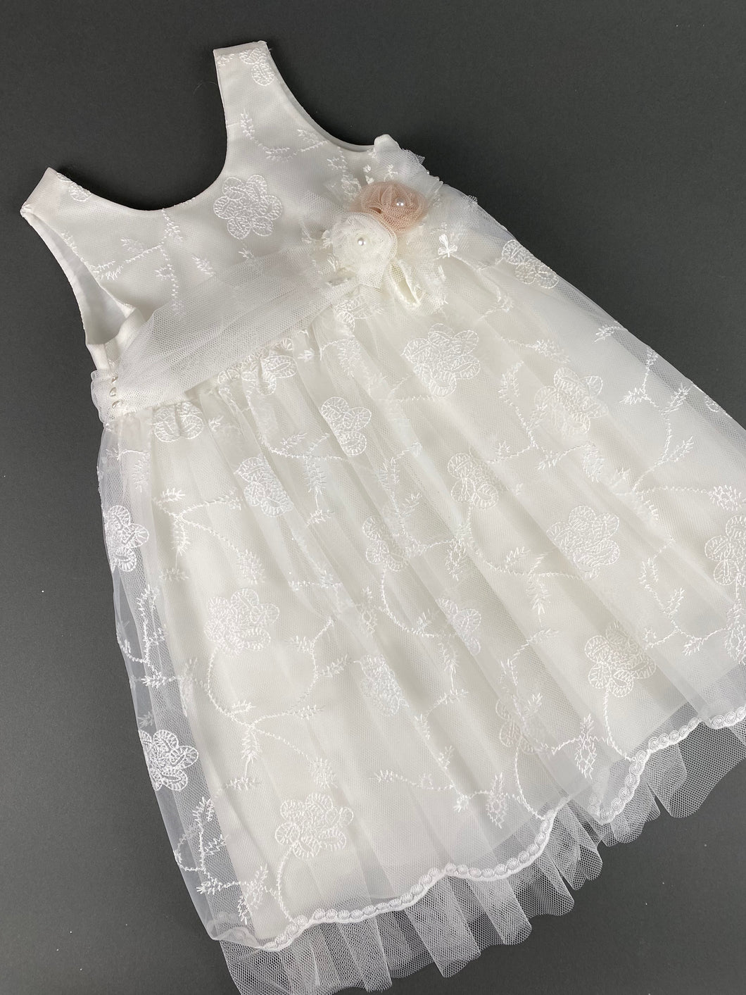 Dress 69 Girls Baptismal Christening Embroidered French Lace, matching Bolero and Hat. Made in Greece exclusively for Rosies Collections