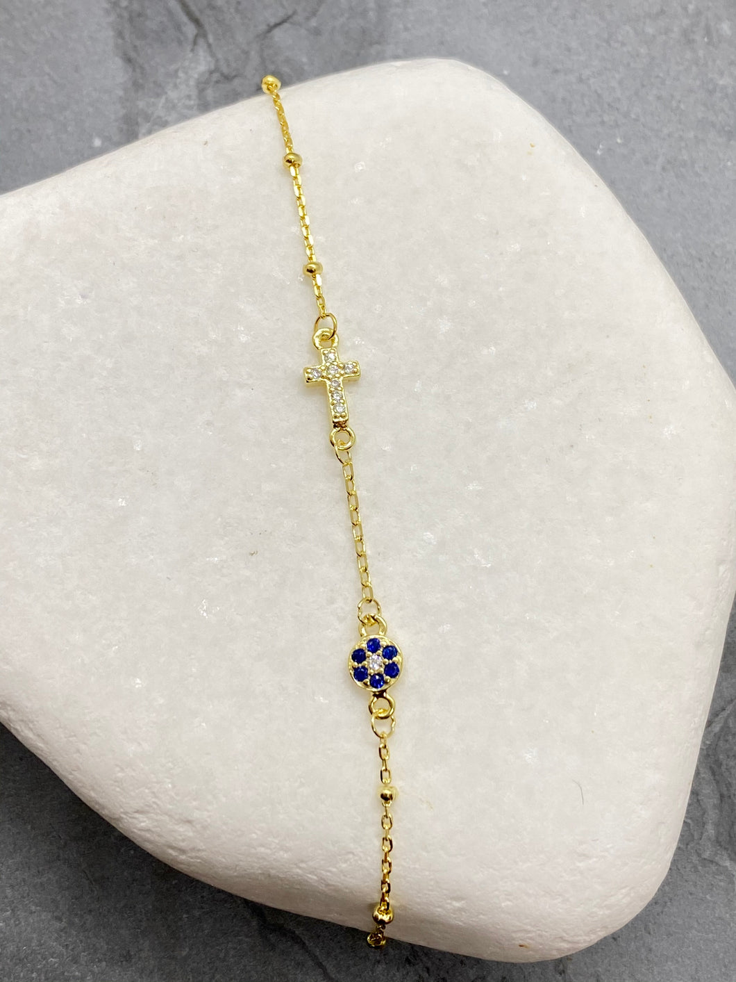 925” Sterling Gold Evil Eye Mati with Cross and Rhinestones Bracelet GB11