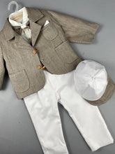 Load image into Gallery viewer, Rosies Collections 7pc full suit, Dress shirt trimmed  and cuff sleeves, Pants, Jacket with Matching Vest and wooden buttons, Belt or Suspenders, Cap. Made in Greece exclusively for Rosies Collections S20192

