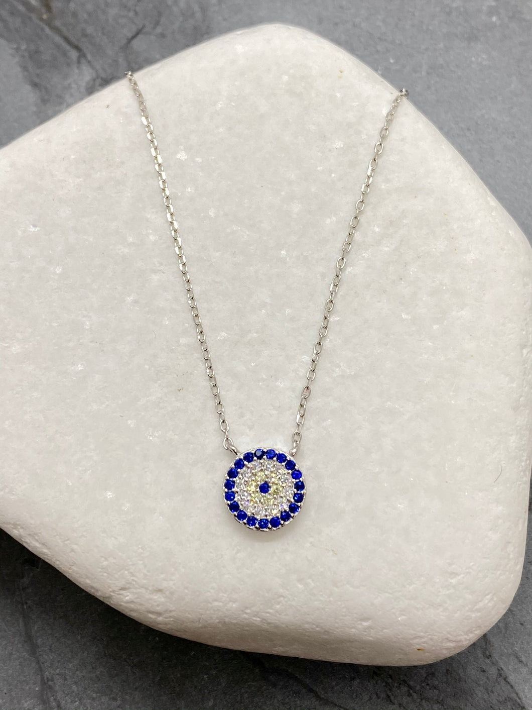 925”  Sterling Silver Evil Eye Mati Necklace with Rhinestones SN7