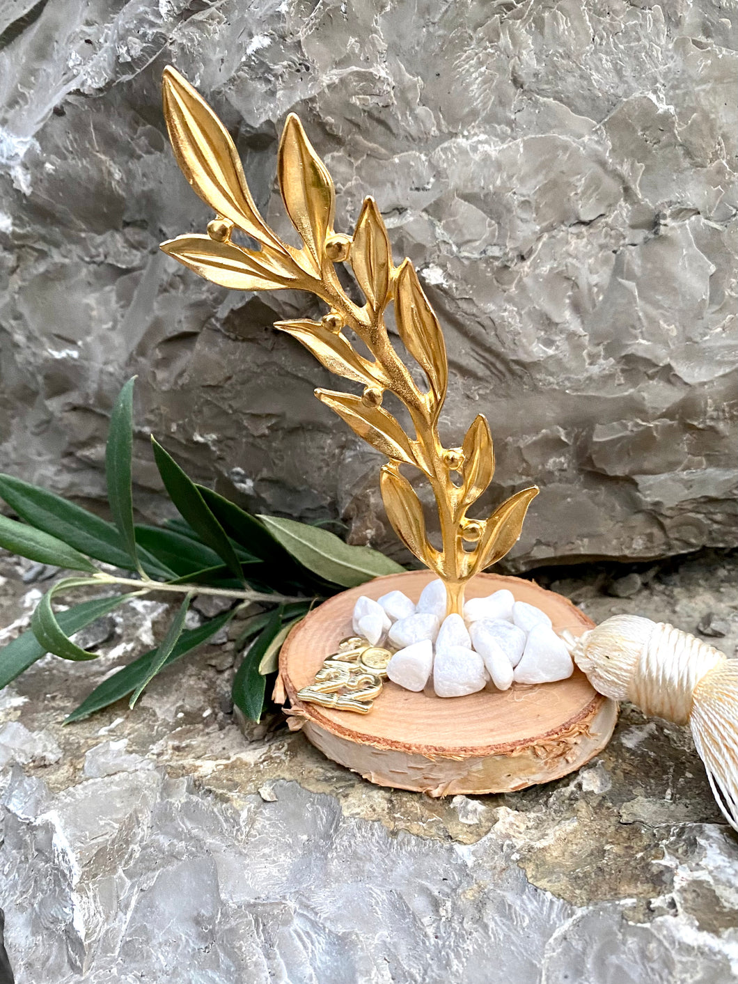 Gold Olive Leaf Branch on Birch Wood Table Top