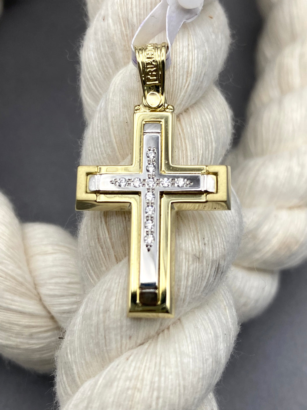 Triantos 14k Yellow Gold Cross Polished and Brushed with Precious Stones 3.65g 222503