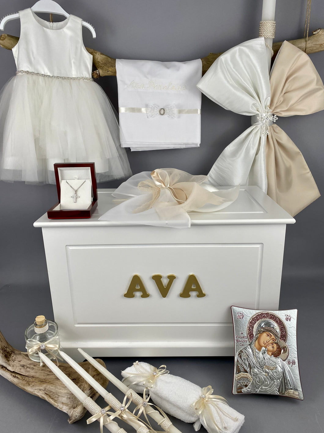 Baptism Package Gold  Accents, Triantos Gold Cross and Personalized Treasure Chest GBP3