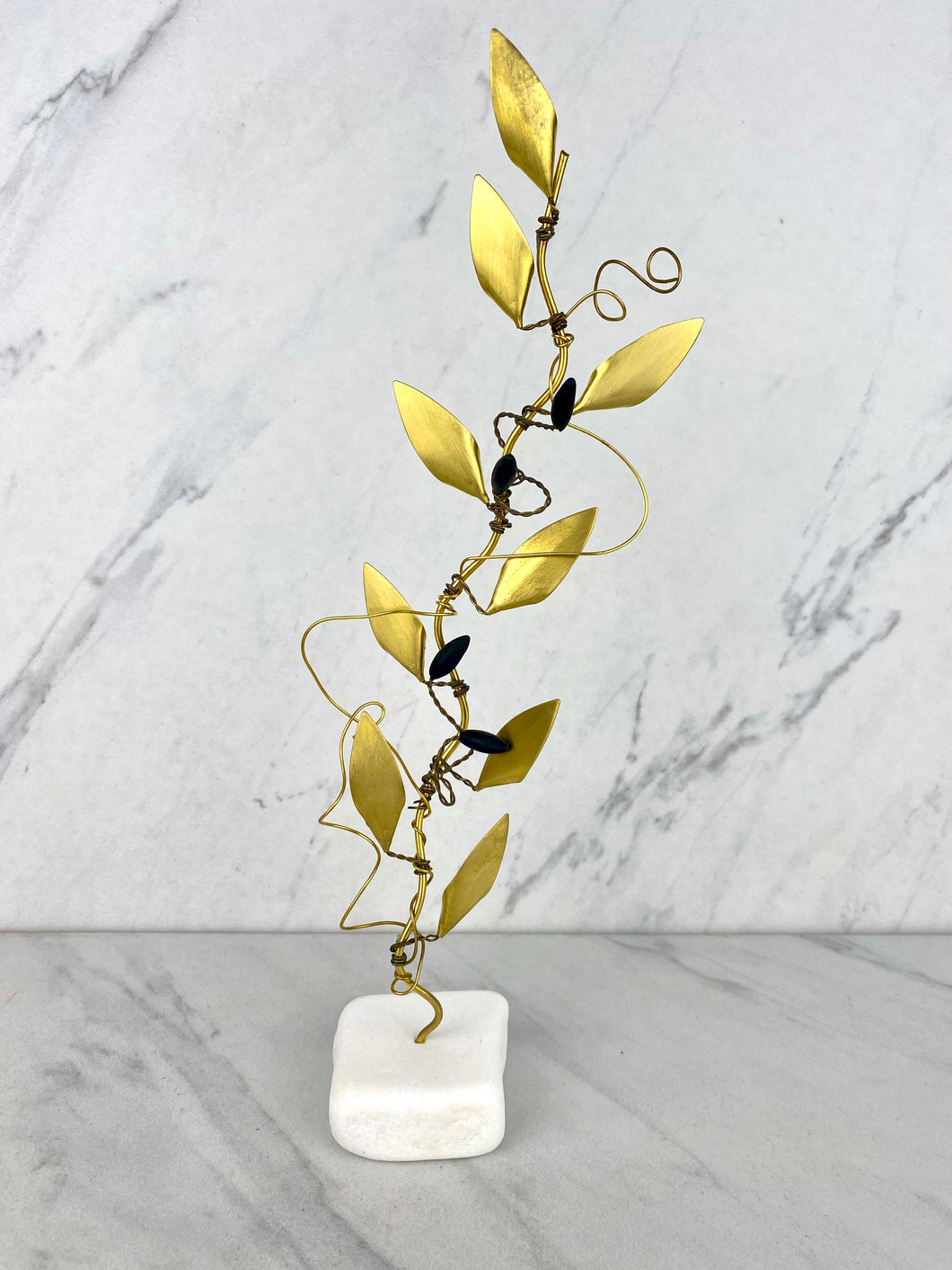 Handle Made Bronze Olive Tree with Gold Leaves and Olives on Marble Base T01571