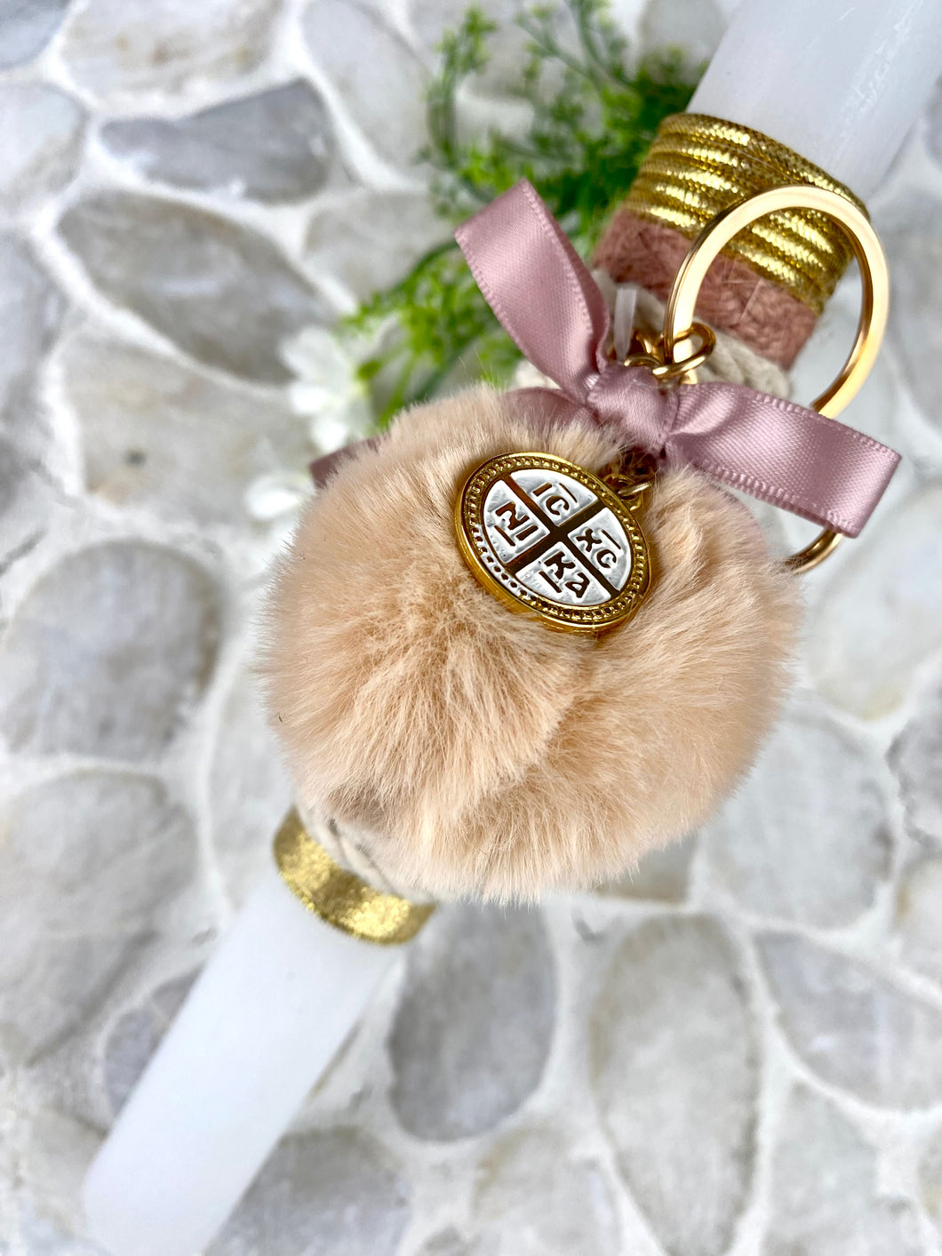 Cylinder Design 11” Easter Candle Pompom with I.X.N.K. Jesus Conquers Keychain EC202324