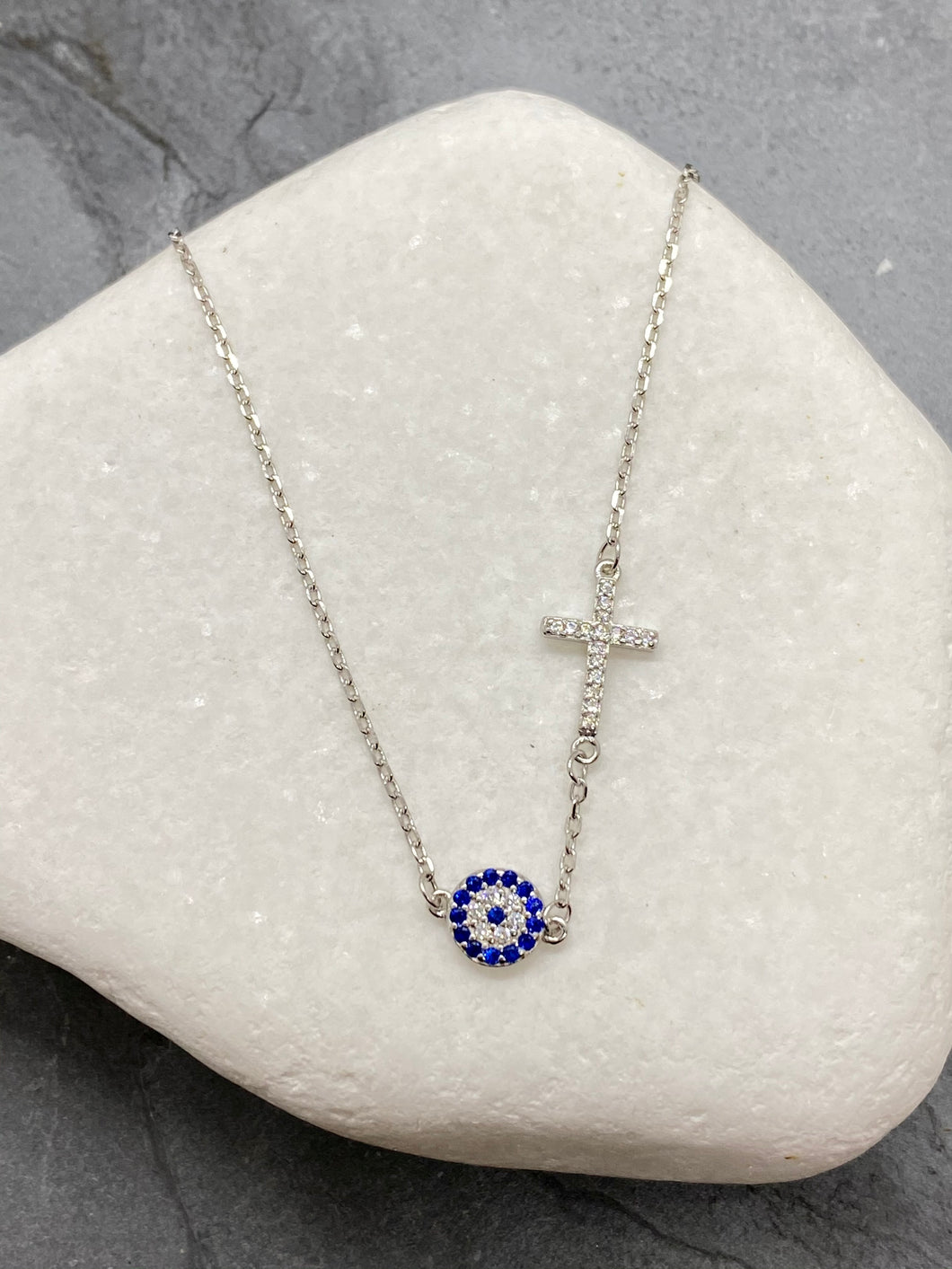 925” Sterling Silver Evil Eye Mati Necklace with Cross and Rhinestones SN1