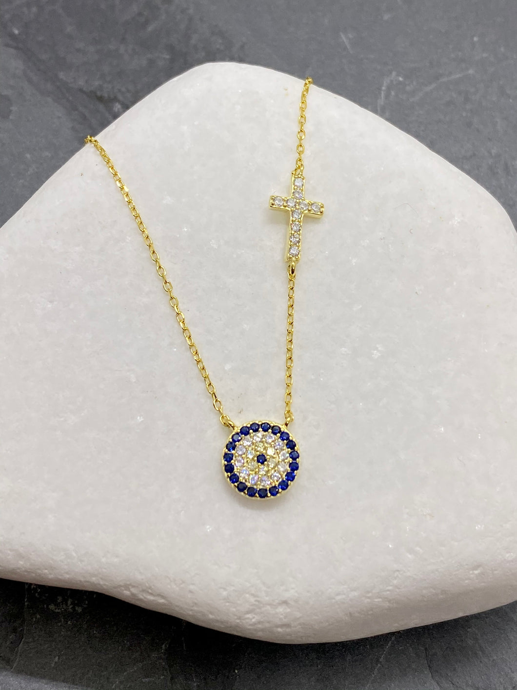 925” Sterling Gold Large Evil Eye Mati with Cross and Rhinestones GN5