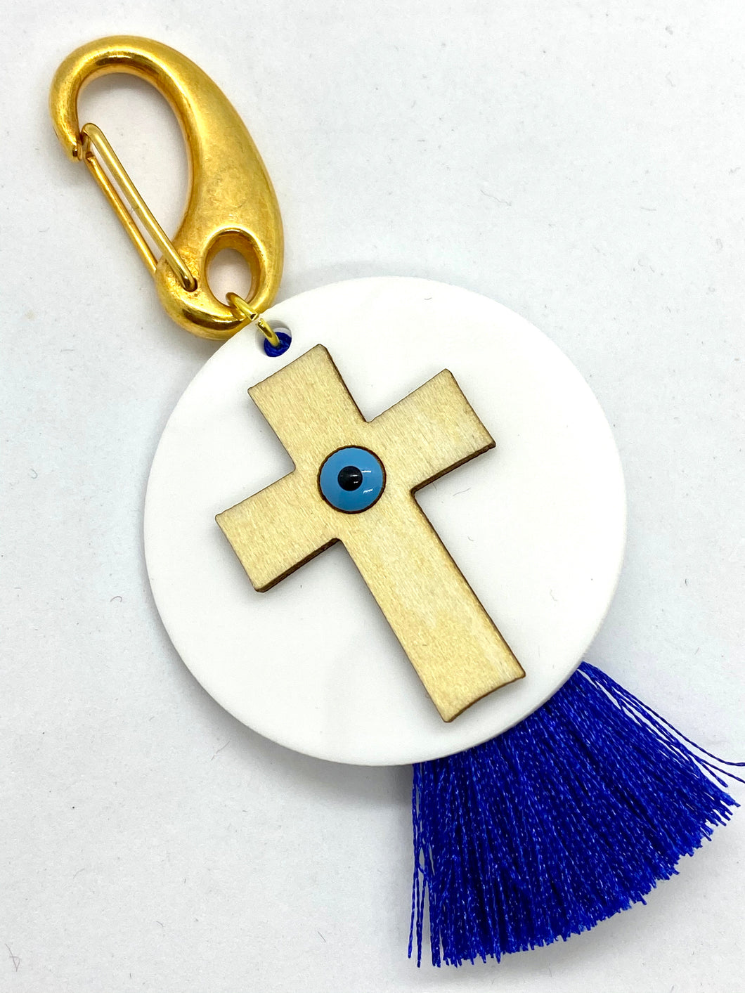 Wooden Cross with Mati Bead on Acrylic Base with Tassel Keychain