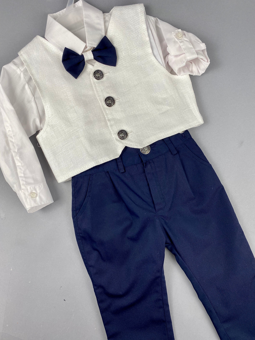 Rosies Collections 7pc full suit, Dress shirt with cuff sleeves, Navy Blue Pants, White Jacket, Belt or Suspenders, Cap. Made in Greece exclusively for Rosies Collections S20194