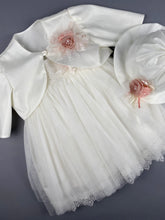 Load image into Gallery viewer, Dress 21 Girls Baptismal Christening Sleeveless  3pc Lace Embroidered Dress, with matching Bolero and Hat. Made in Greece exclusively for Rosies Collections.
