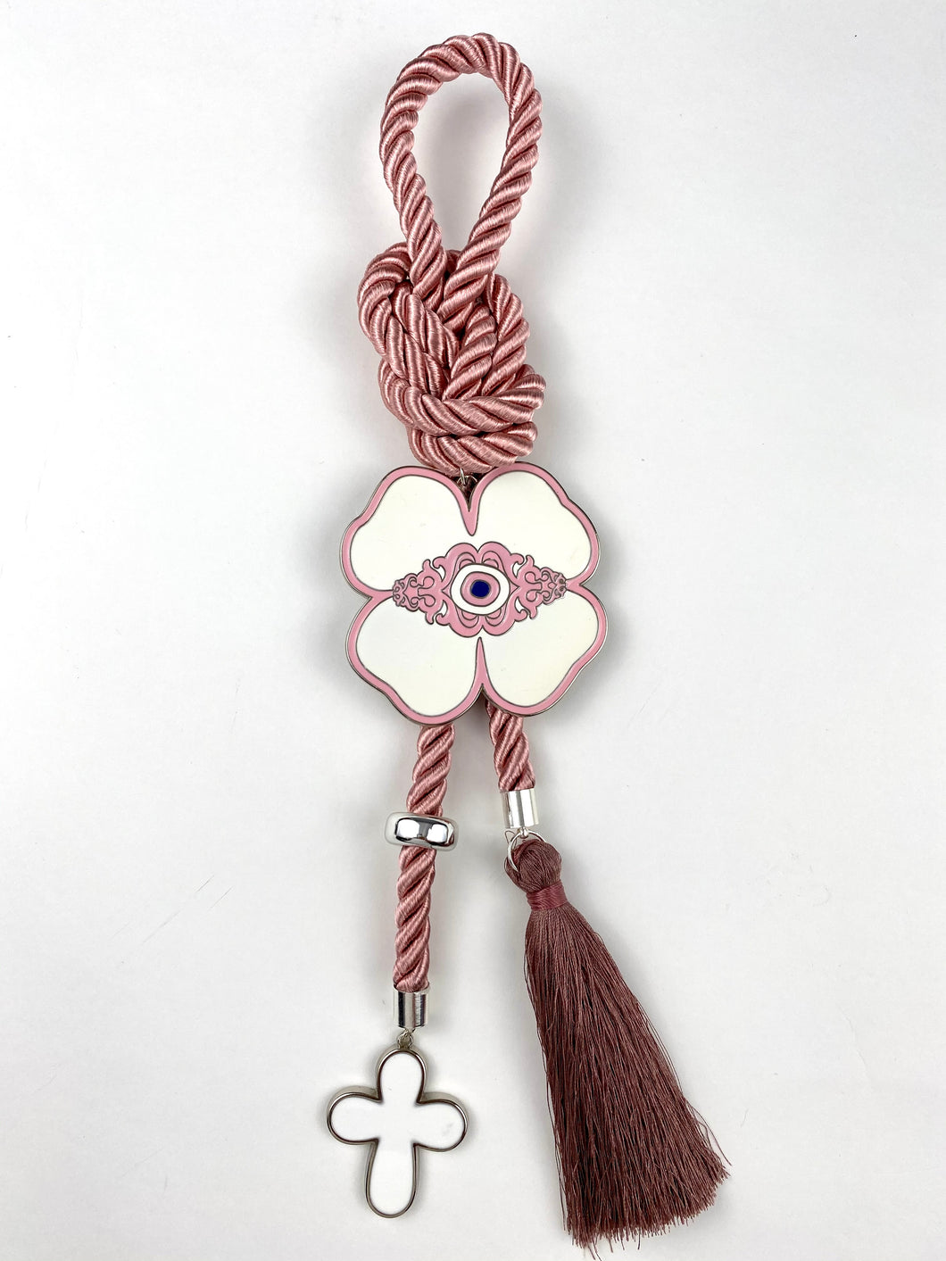 Gouri 202016 Pink Dusty Rose Pearl Cord with Large Four leaf clover Evil Eye, Large Metal Cross with tassel