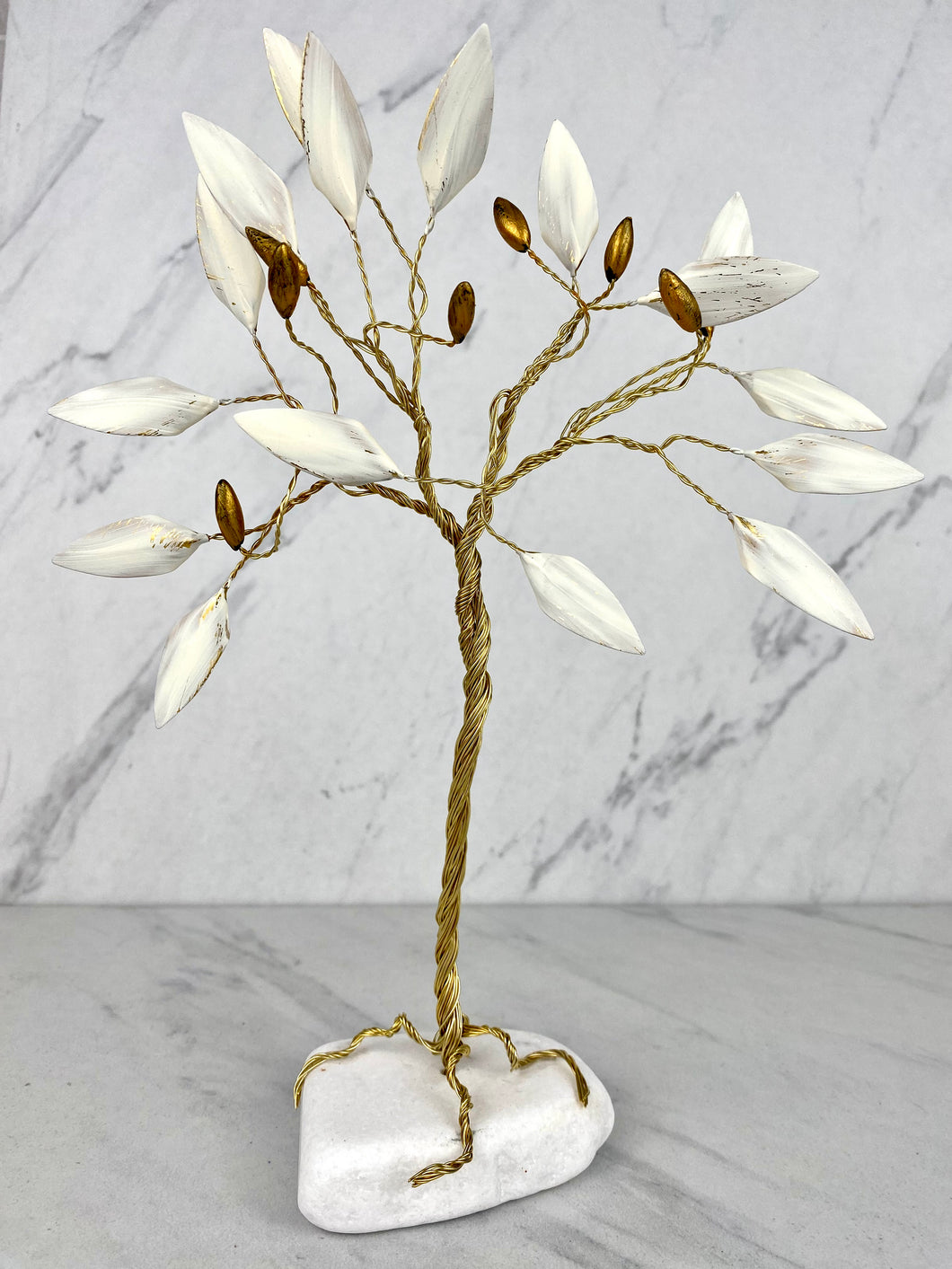 Hand Made Bronze Olive Tree with White  Leaves and Olives on Marble Base