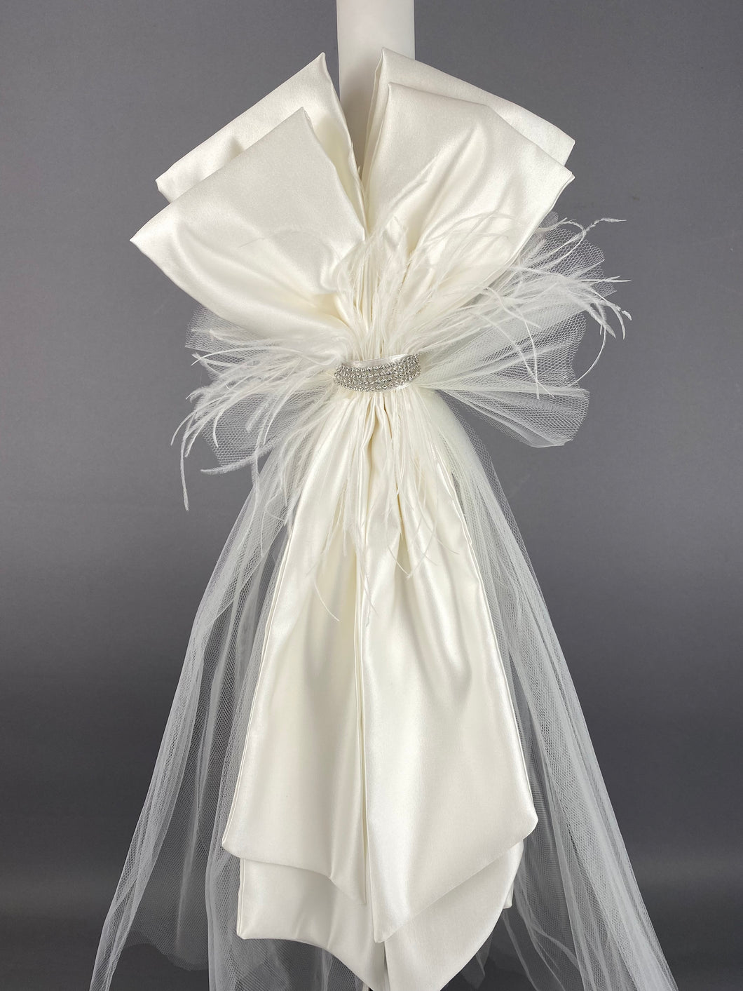 White Satin Double Bow 32” Baptismal Candle with Rhinestones and Feathers GC20223