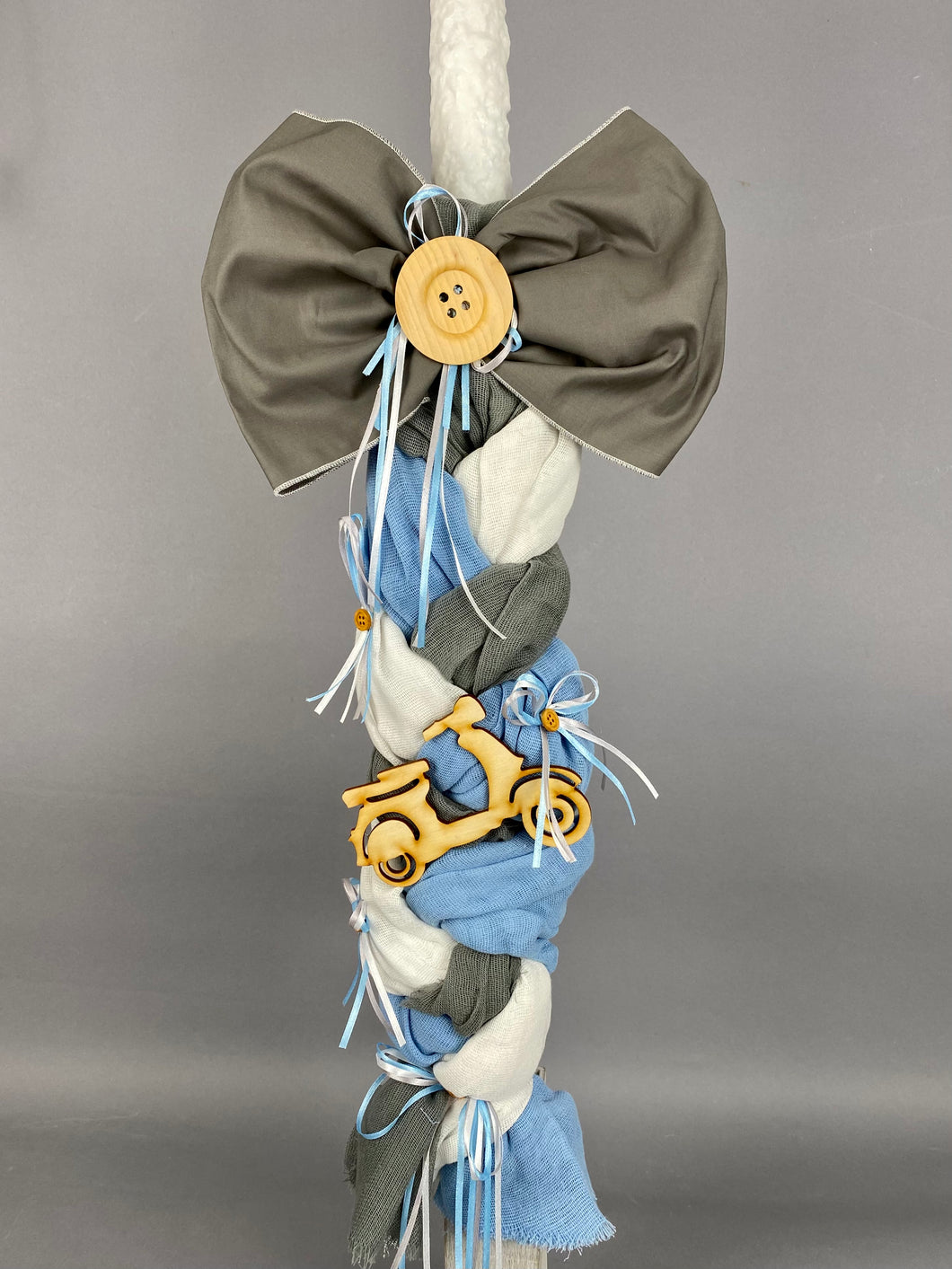 Fabric Wrapped 32” Baptismal Candle with Wooden Accents C20227
