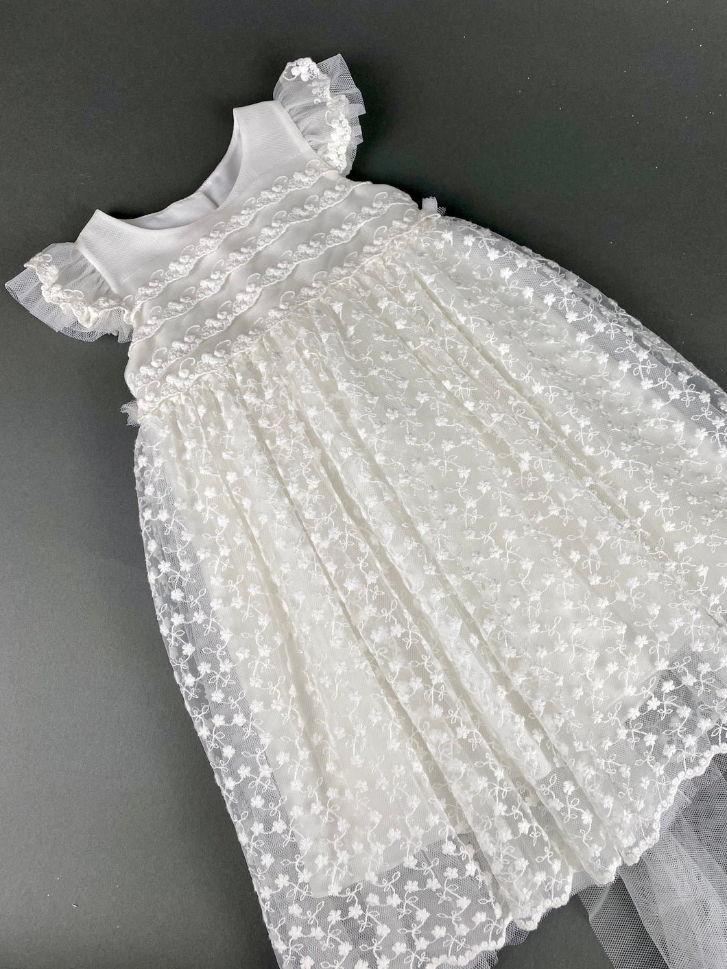 Dress 66 Girls Baptismal Christening Embroidered French Lace with Cap Sleeves, matching Bolero and Hat. Made in Greece exclusively for Rosies Collections