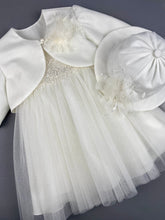 Load image into Gallery viewer, Dress 85 Girls Baptismal Christening Sleeveless Dress with new Silver Glitter, French lace across the chest, accented with Pearl flowers, matching Bolero and Hat. Made in Greece exclusively for Rosies Collections. 202585
