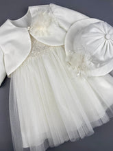 Load image into Gallery viewer, Dress 55 Girls Baptismal Christening Sleeveless Dress with new Silver Glitter, French lace across the chest, accented with Pearl flowers, matching Bolero and Hat. Made in Greece exclusively for Rosies Collections.
