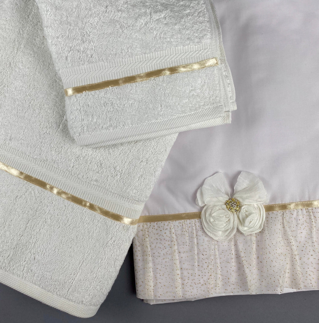 Girls Lathopana 20 1 Large Bath Towel, 1  Matching Hand Towel with Matching  Oil Sheet and 3 piece Greek Undergarments or onesie with oil cap