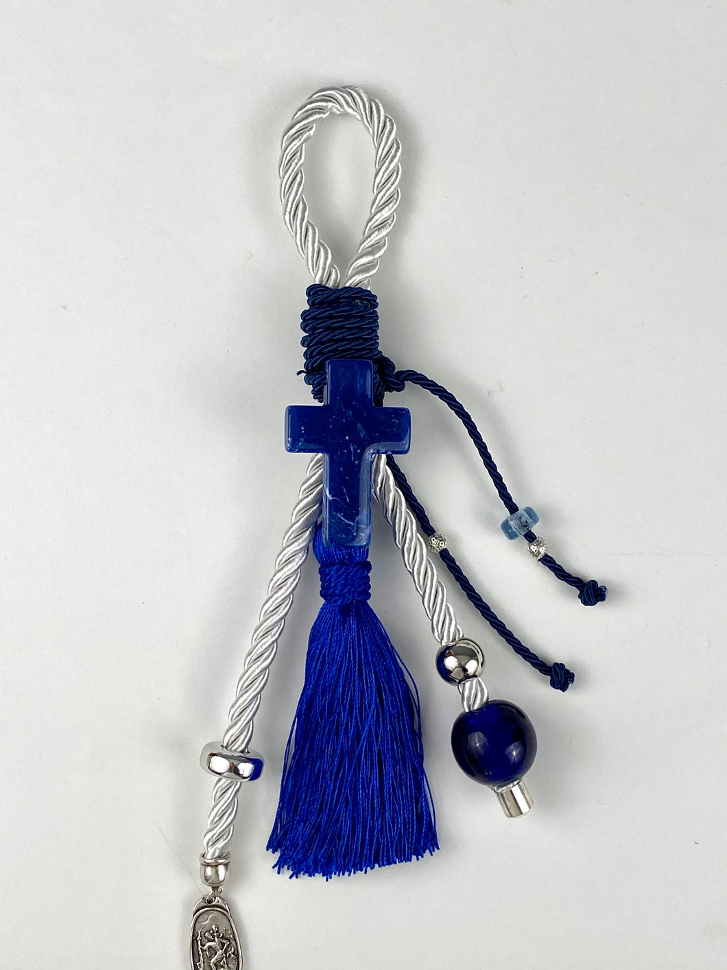 Navy Blue Cross Gouri with long navy blue tassel, murano glass bead and Ag. Christoforos pendant
