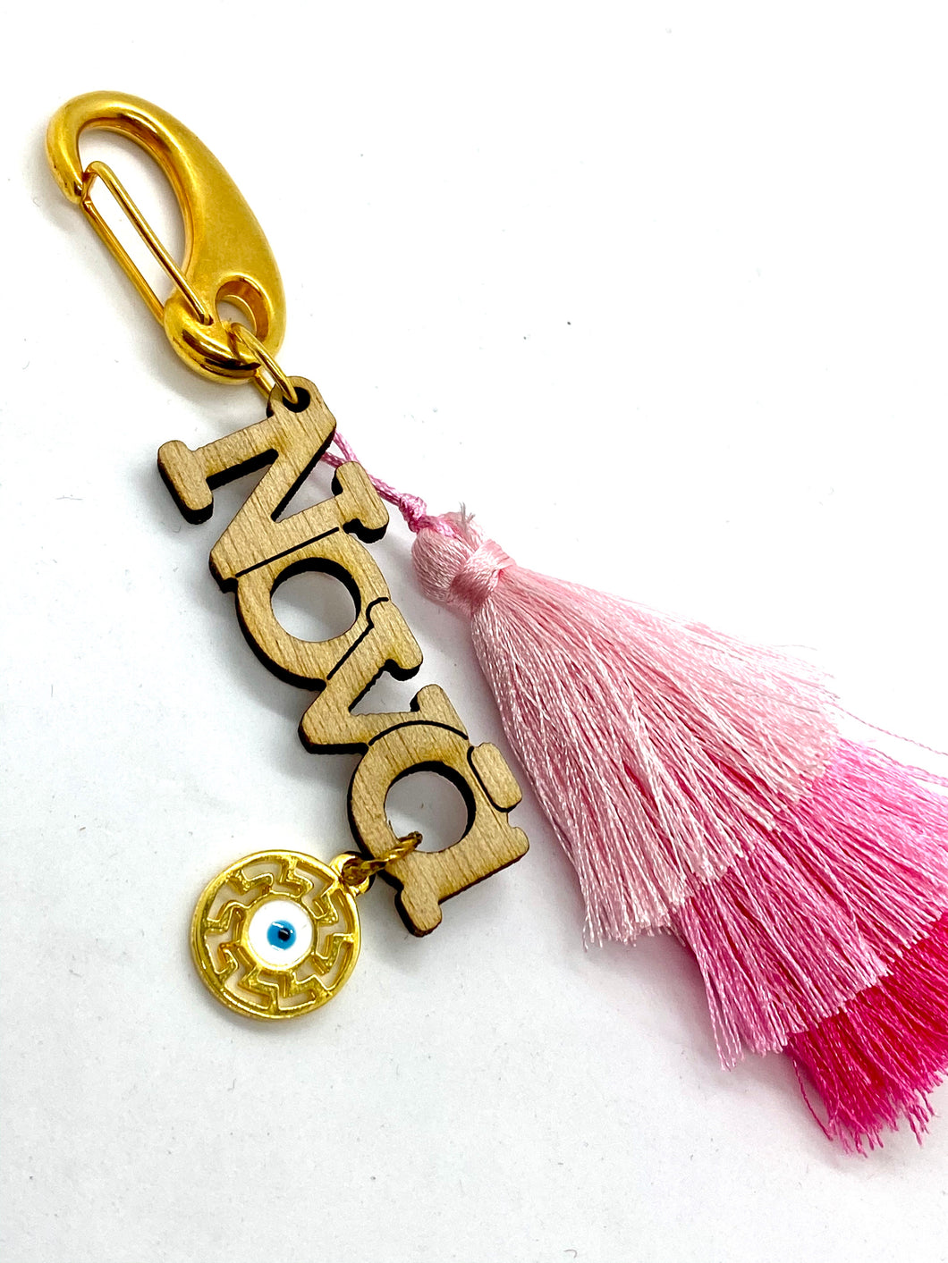 Wooden Nona with Mati Charm and Triple Tassel Keychain