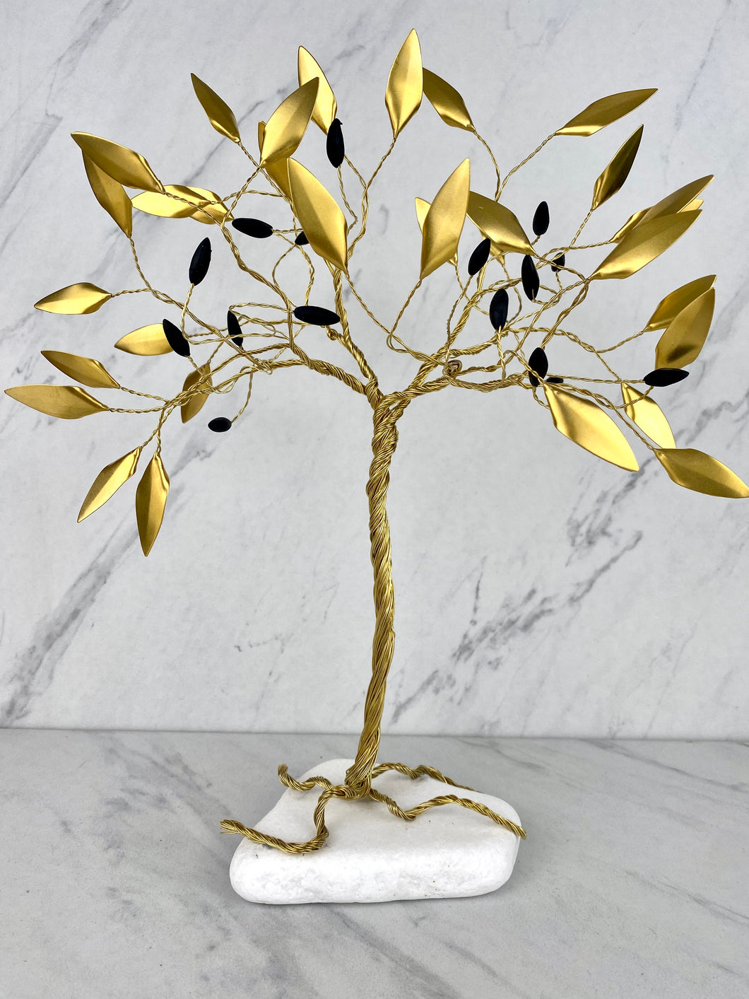 Handle Made Bronze Olive Tree with Gold Leaves and Olives on Marble Base T01035