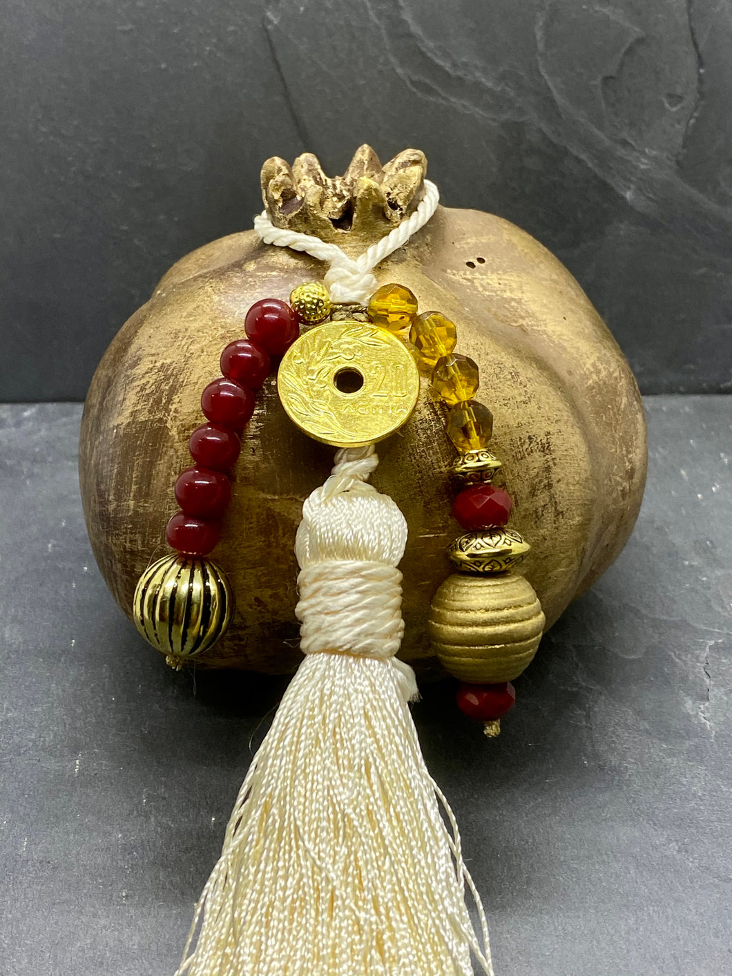 Large Ceramic Gold Bronze Tone Pomegranate with 20 Lepta Coin, beads and large tassel
