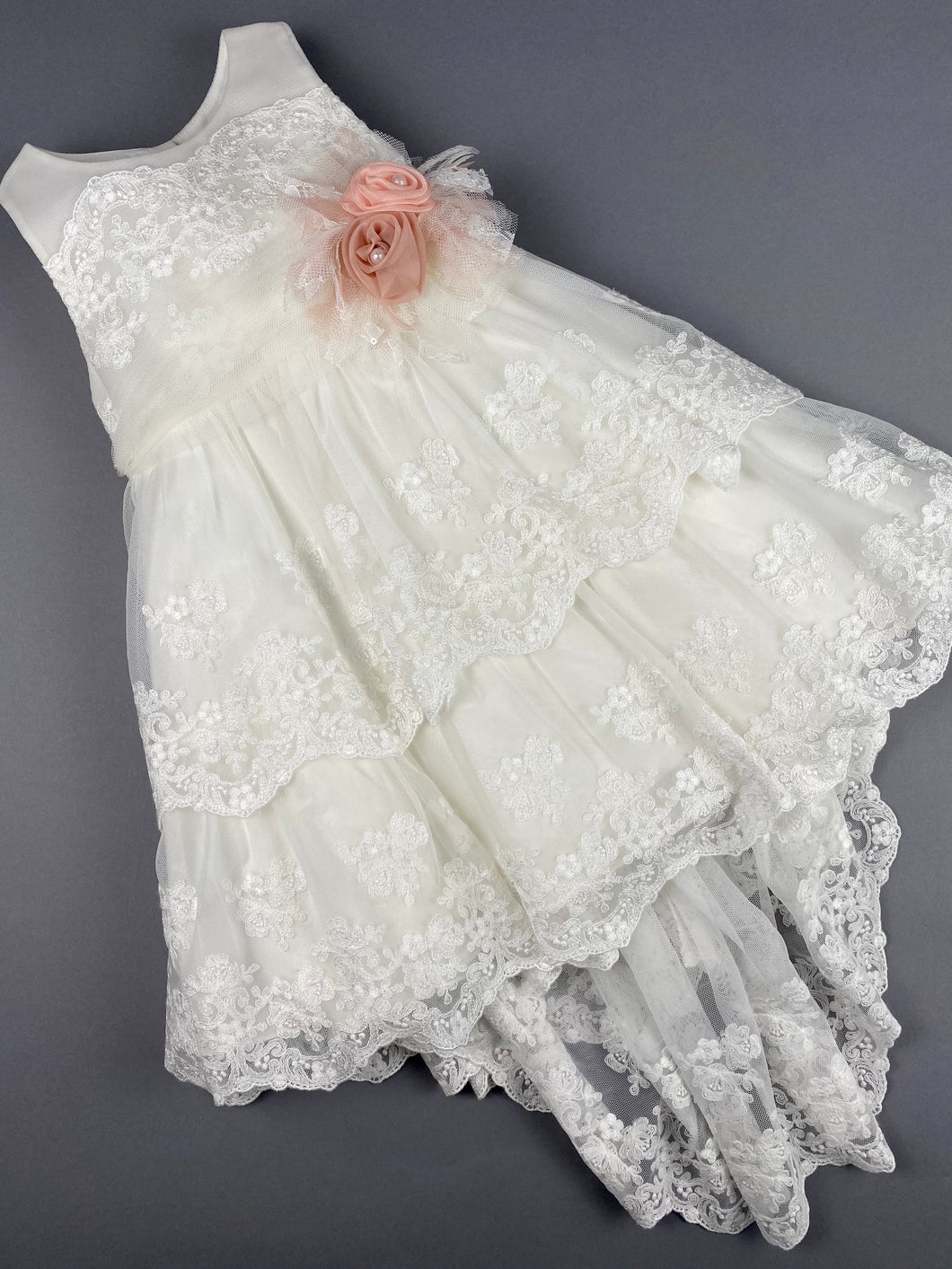 Dress 26 Girls Baptismal Christening Sleeveless  3pc French Lace Layered  Dress with long French Lace trail, matching Bolero and Hat. Made in Greece exclusively for Rosies Collections.
