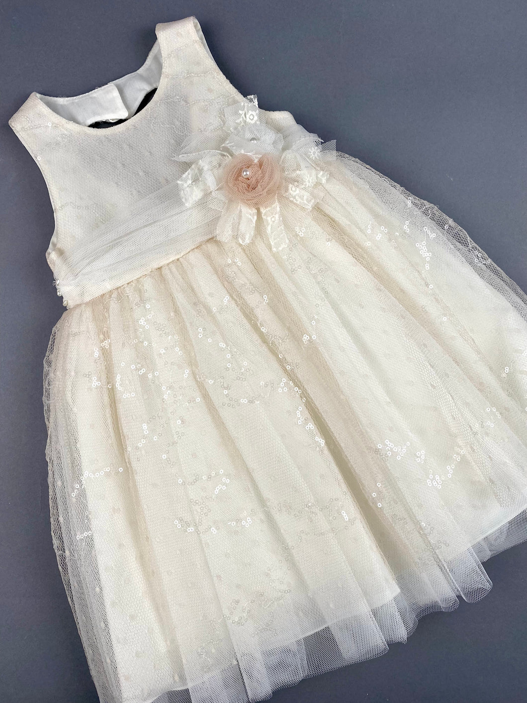Dress 58 Girls Baptismal Christening Dress very light dusty rose with sequence, matching Bolero and Hat. Made in Greece exclusively for Rosies Collections.