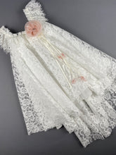 Load image into Gallery viewer, Dress 41 Girls Baptismal Christening Sleeveless  3pc French Lace Dress with long trail, matching Bolero and Hat. Made in Greece exclusively for Rosies Collections.
