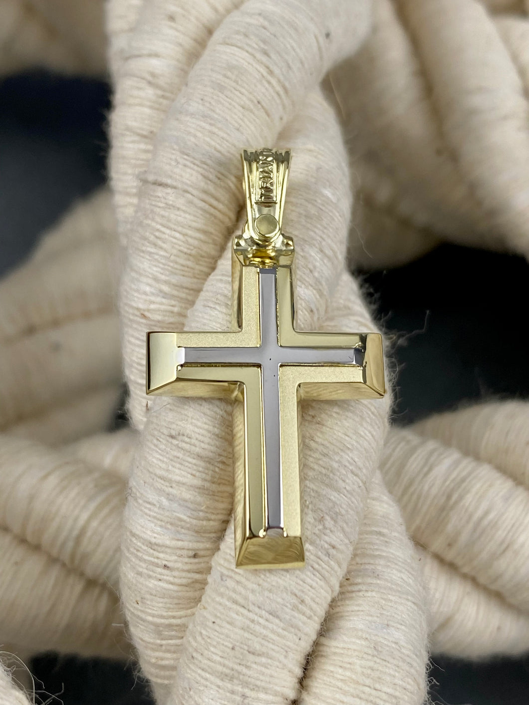 14k Triantos Two Tone Yellow with White Gold Cross Polished and Brushed. 22105
