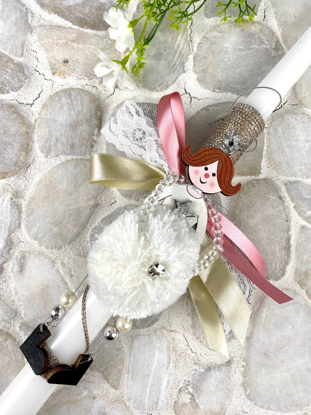 Corded Easter Candle Princess  White Pompom with Bead Cross Bracelet EC202317