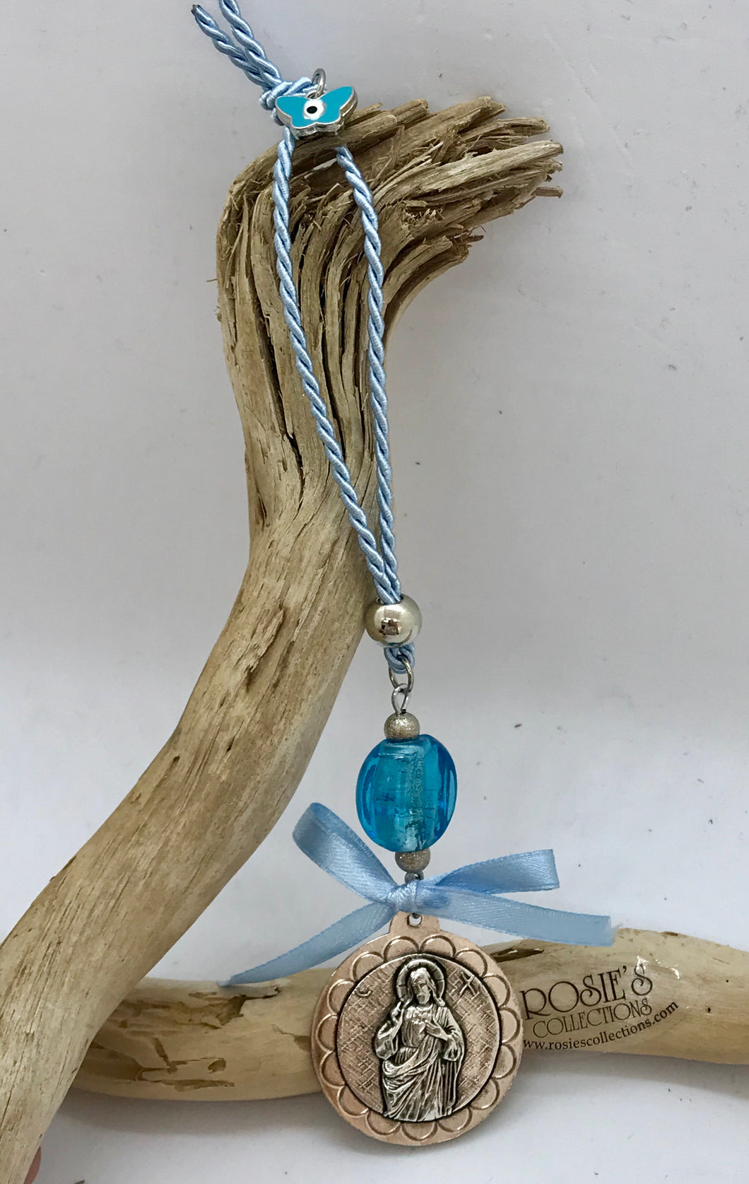 Gouri 18 Baby Blue Rope With Jesus Pendant, Butterfly Mati and Large Blue Murano Glass