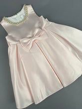 Load image into Gallery viewer, Dress 102 Girls Baptismal Christening Sleeveless Soft Pink Satin Dress with Pearl Neckline and Matching Balero. Made exclusively for Rosies Collections
