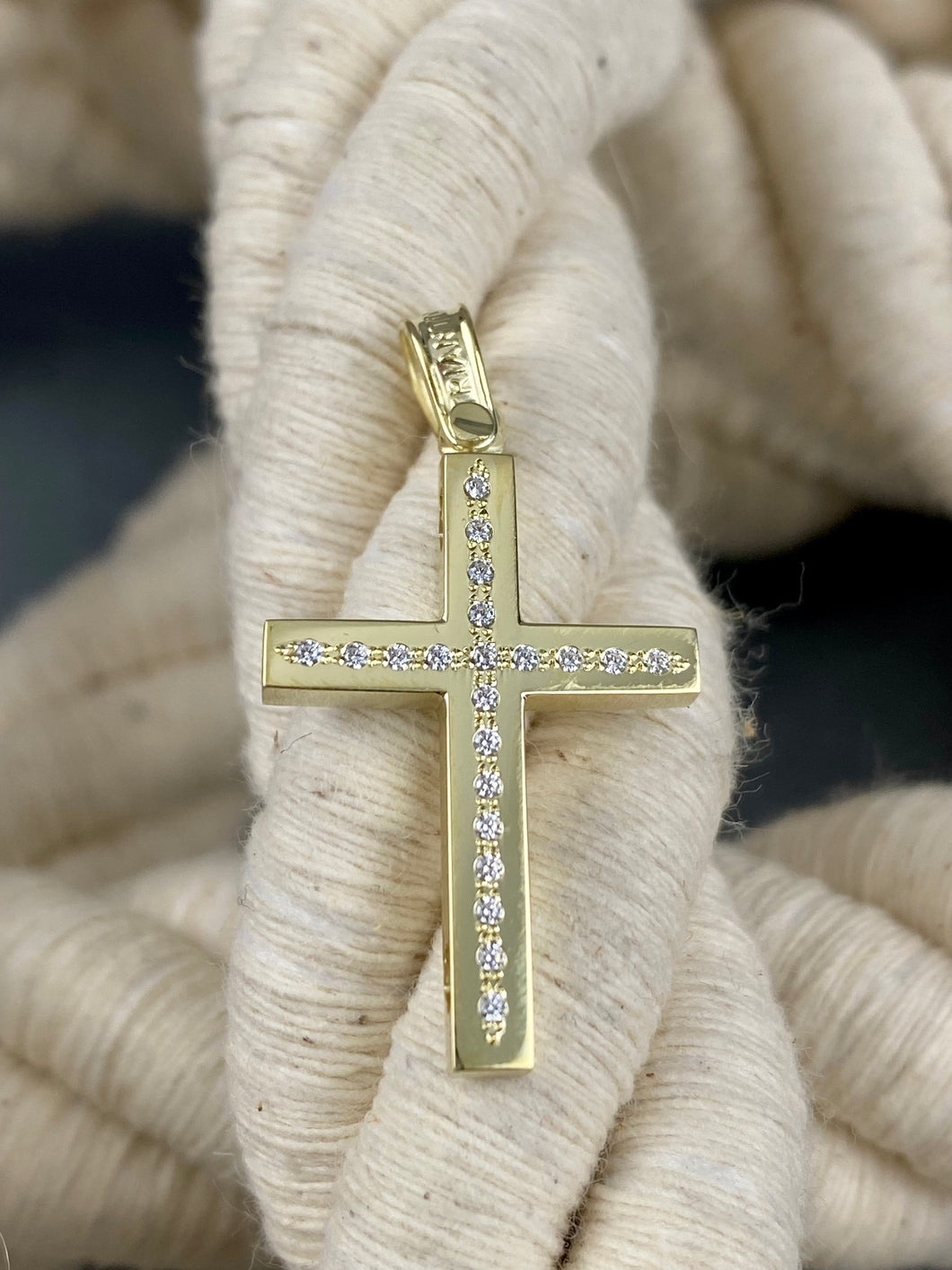 14k Triantos Yellow Gold Cross Polished with Precious Stones. 22122