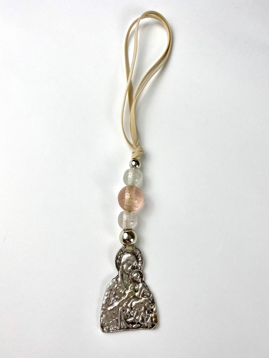Panagia Icon with pink Murano Beads. 10” length