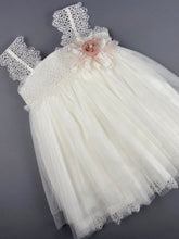 Load image into Gallery viewer, Dress 20 Girls Baptismal Christening Sleeveless  3pc Dress with matching Bolero and Hat. Made in Greece exclusively for Rosies Collections.
