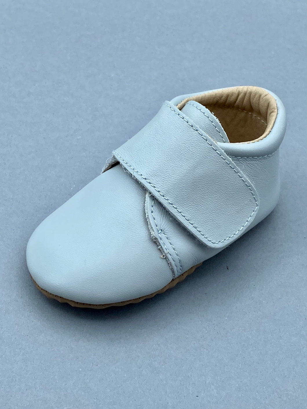 Light Grey Leather Crib Shoe with Velcro Strap