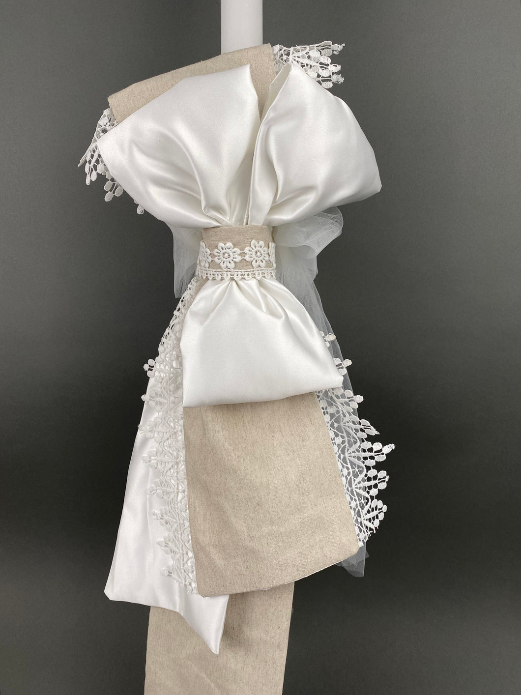 White Satin Double Bow with French Lace and Taupe Fabric 32” Baptismal Candle GC202317