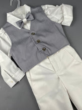 Load image into Gallery viewer, Rosies Collections 7pc full suit, Dress shirt with cuff sleeves, White Pants, Grey Jacket with Grey Vest, Belt or Suspenders, Cap. Made in Greece exclusively for Rosies Collections
